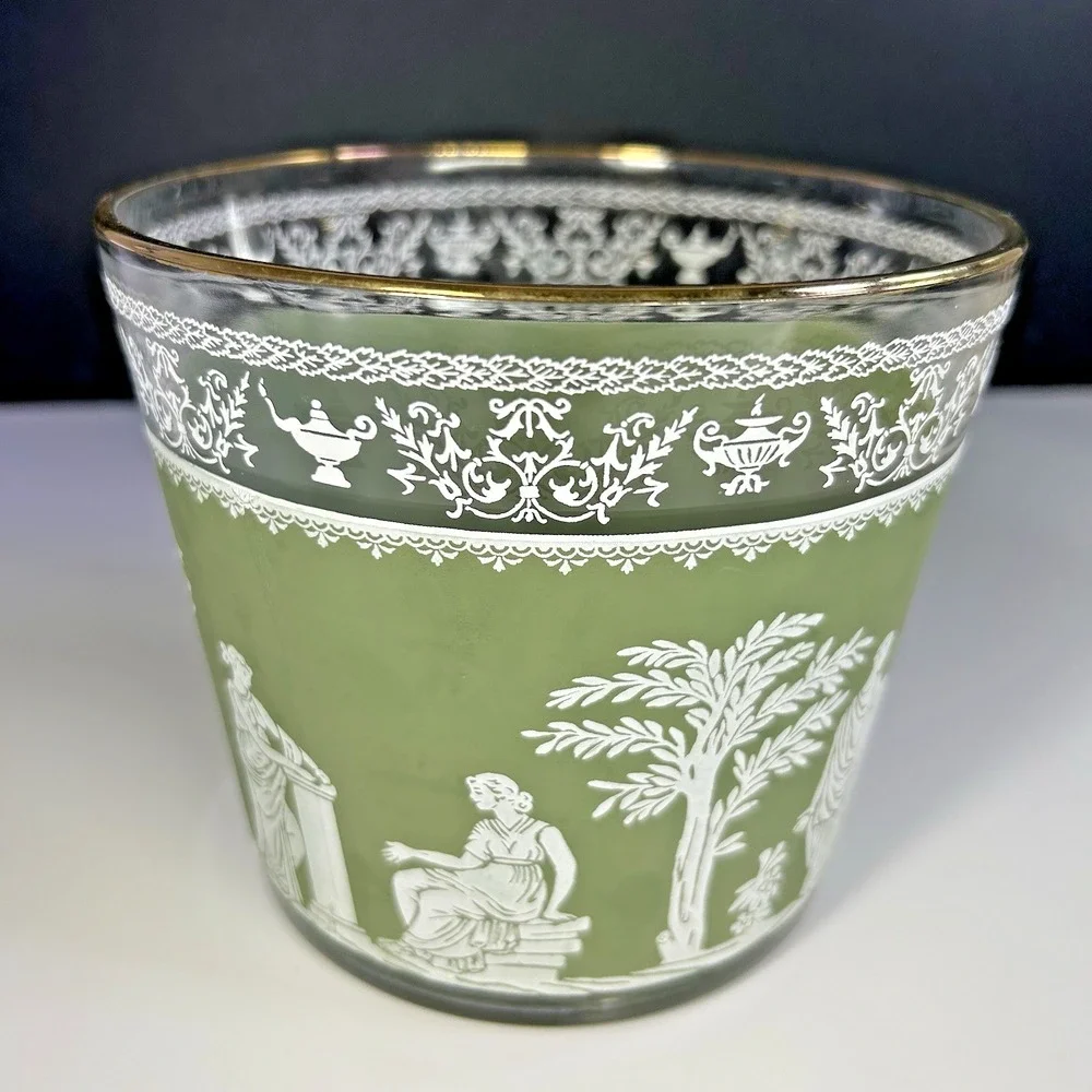 Mid-Century Green Satin Glass Ice Bucket Bowl - Jeanette Or Edgewood style